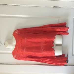 Free People Vibrant Coral Crochet Bell Sleeve Tunic